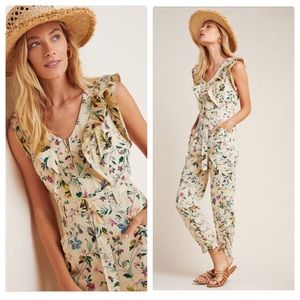 Anthropologie violet ruffled utility jumpsuit